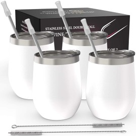 CHILLOUT LIFE Stainless Steel Wine Tumblers 4 Pack 12 oz - Double Wall Vacuum Insulated Wine Cups with Lids and Straws Set Coffee, Wine, Cocktails - Powder Coated White