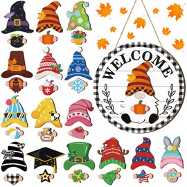 Qunclay Interchangeable Wooden Gnome Decor Holiday Seasonal Gnome Decorations with Magnet Pieces and Detachable Hats Changeable Welcome Sign for Home(Black and White Checkered Style)