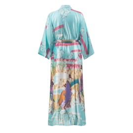 VOGMATE Kimono Bathrobe Women's Long Large Sizes Satin Dressing Gown Lightweight Japanese Plus Size Kimono Bathrobe Yukata, Sakura Ukiyoe Light Blue