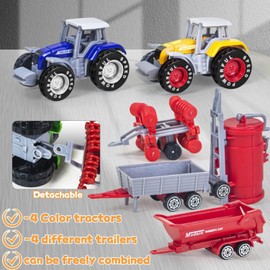 Tcvents 4 Pack Farm Tractor Toy with Trailer, Metal Alloy Children's Tractor Toy for Boys Removable Die-Cast Farm Tractor and Truck Toy for Children 3 4 5 6 7 8 Birthday