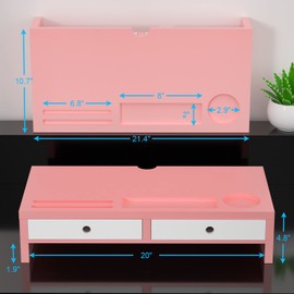 Monitor Stand Riser with Drawers, Desktop Stand Shelf Lift with Phone/Cup Holder for Computer TV Laptop Printer Screen, Bamboo Desk Organizers and Accessories, Home Office Supplies, Pink & White