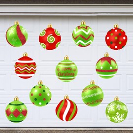 JarThenaAMCS Christmas Garage Decoration Magnet Stickers Red Green Xmas Ball Refrigerator Decals for Home Party Room Garage Door Car, 12Pcs