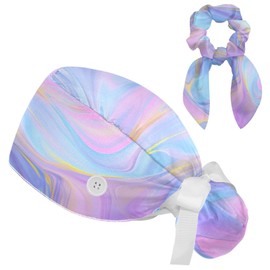 Scrub Caps Women with Button,Blue Marble Pattern Abstract Adjustable Surgical Caps with Ponytail Pouch,Working Cap with Bow