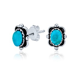 Western Style Oval Stabilized Turquoise Rectangle Stud Earrings For Women Oxidized .925 Sterling Silver December Birthstone