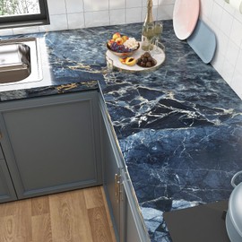 FunStick Thick Dark Blue and Gold Marble Contact Paper Peel and Stick Countertops for Kitchen Wall Paper Waterproof Self Adhesive Marble Wallpaper for Bathroom Cabinets Desk Counter Top Contact Paper