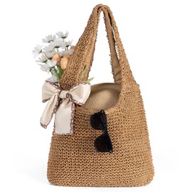 CorkAllin Straw Beach Bag for Women - Handmade Raffia Woven Tote Handbag, Summer Mesh Beach Purse for Vacation Holiday