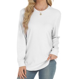 AURUZA Long Sleeve Shirts For Women, Crew Neck Side Split Tunic Tops, Loose Fit T-Shirts Casual Tunic Pullover Trendy Clothes, L, white