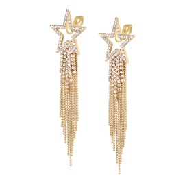 EVER FAITH Star Long Tassel Clip-on Earrings for Women, Rhinestone Crystal Waterfall Beaded Fringe Wedding Bride Dangle Earring Hypoallergenic Safe Jewelry for Sensitive Ears Clear Gold-Tone