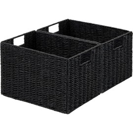 Vagusicc Wicker Storage Basket, Set of 2 Hand-Woven Paper Rope Wicker Basket, Small Storage Baskets for Organizing Toilet Paper Basket, Foldable Large Cube Storage Organizer Bins for Shelves (Black)