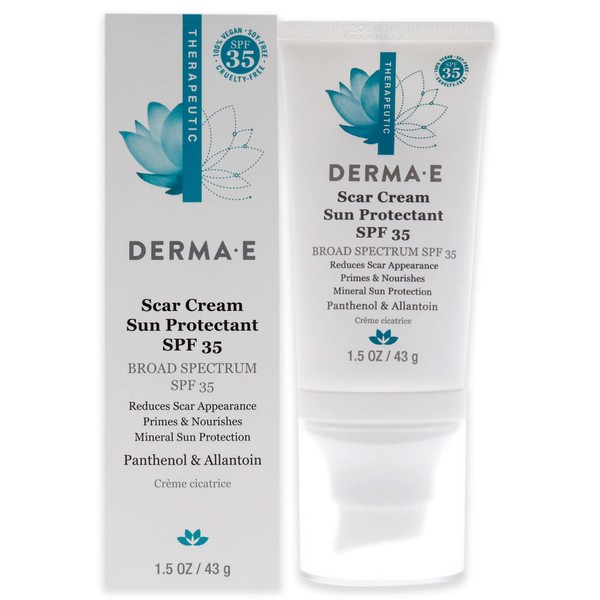 DERMA E Scar Cream Sun Protectant SPF 35 – Advanced Scar Lotion with UVA/UVB Mineral Sunscreen for Scars, Burns, Cuts and Acne Scars - Natural Scar Treatment for Face, 1.5 Oz