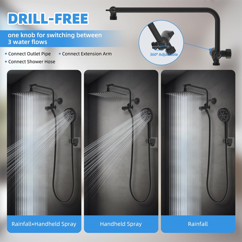 All Metal Shower Head, 8" High Pressure Rainfall/Handheld Shower Combo