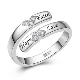 JLYY S925 Sterling Silver Wrap Open Ring Adjustable Inspirational Jewelry Gift for Teens Faith Hope Love Encouraging Ring for Women