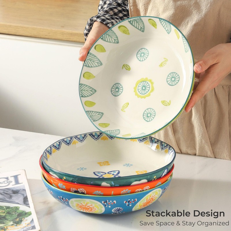 CINAIMPRESSION 9Inch Pasta Bowls Set of 4, HandPainted Ceramic, Mix