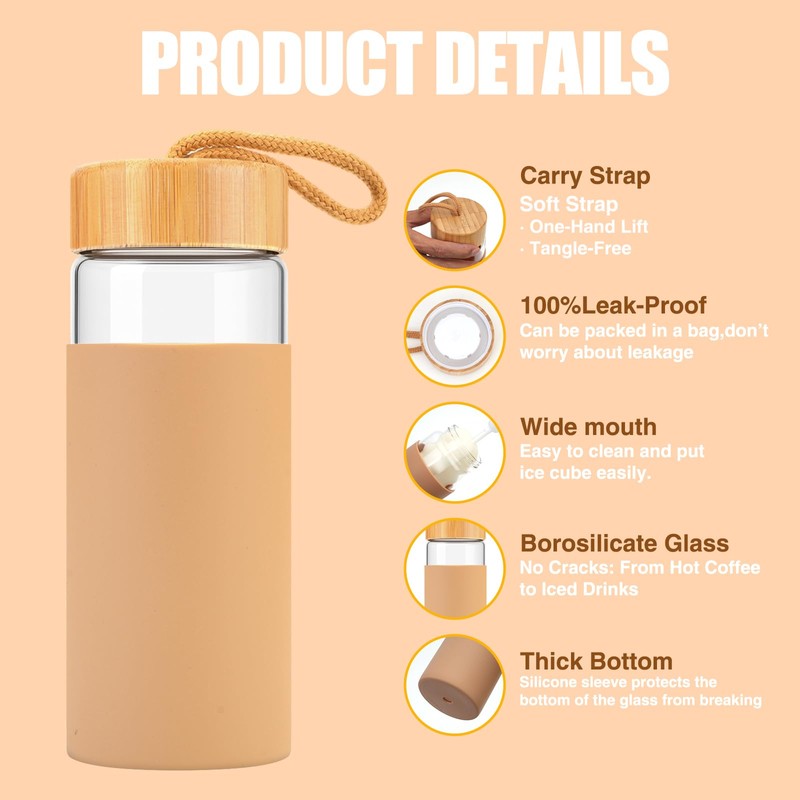 Tronco 20oz Borosilicate Glass Water Bottle with Bamboo Lid, Non-Slip