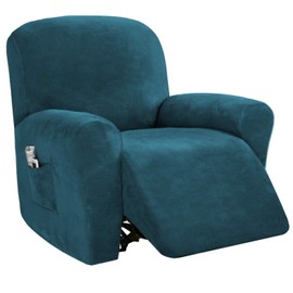 PrinceDeco Recliner Chair Cover Velvet Stretch Recliner Couch Covers 4-Pieces Style Recliner Chair Covers Recliner Cover for Reclining Chair Slipcovers Feature Non Slip Form Fitted,Deep Teal