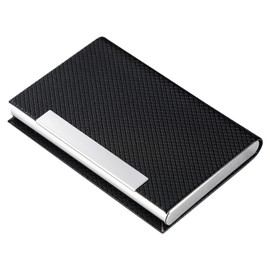FORYEE Business Card Holder, Stainless Steel Leather Professional Card Case for Women & Men, Name ID Credit Card Holders with Magnetic, Slim Portable Carrier Wallet Purse for Social (LF-Black)