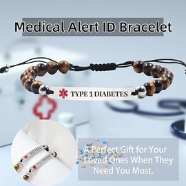 RENYILIN Medical Alert ID Bracelet, Natural Tiger's Eye Beads, Curved Design, Adjustable