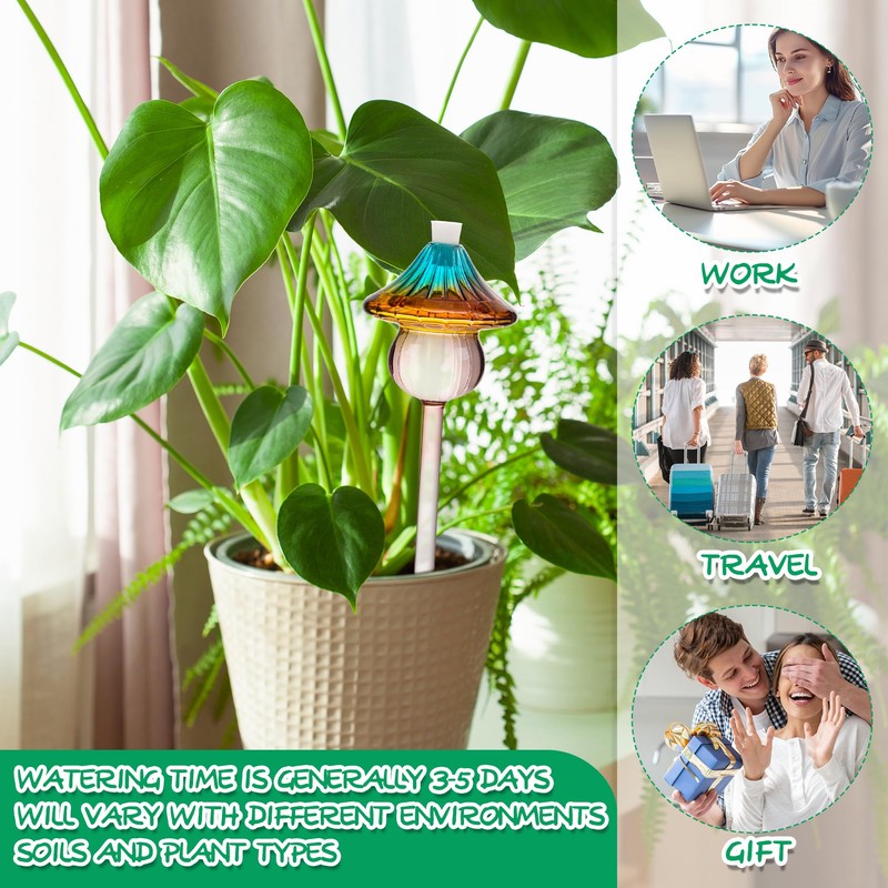 Plant Watering Globes Mushroom, Rainbow Gradient Color Glass Watering Bulbs,