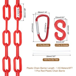 MECCANIXITY Plastic Chain 5 Ft/1.53 M, Safety Chain Red Plastic Chain Link Barrier with Zip Ties Buckle and S-Hooks for Crowd Control Queue Line Fence Decoration
