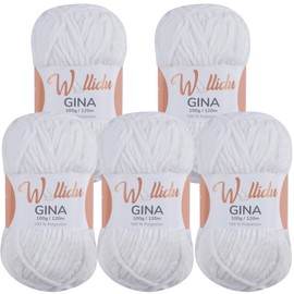 Wollidu Gina Chenille Yarn for Knitting and Crocheting 5 x 100 g / 120 m Set 100% Polyester – White