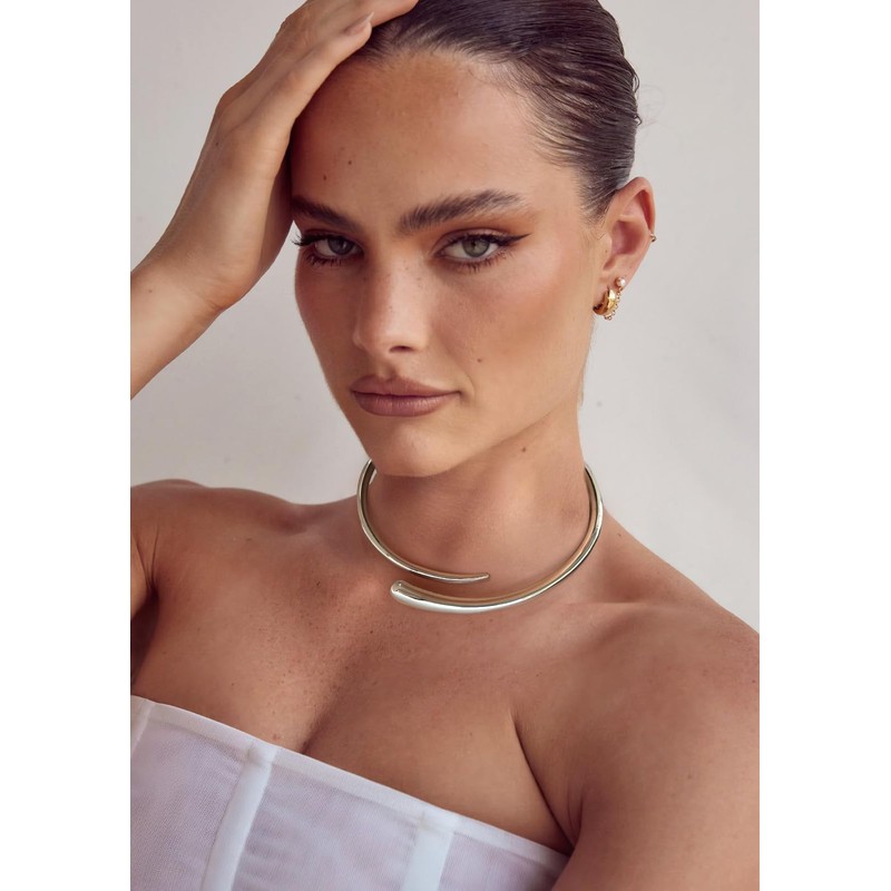 WOWORAMA Silver Chunky Cuff Choker Necklace for Women Teardrop Collar