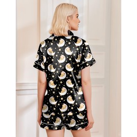 Ekouaer Pajama Set Women's Satin Sleepwear Short Sleeve Pjs Top & Shorts Summer Silk Nightwear 2 Piece Lounge Set,Black,XL