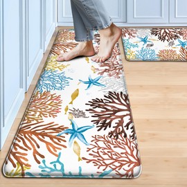 Kitchen Mats for Floor Cushioned Anti Fatigue Sets of 2 Coastal Kitchen Rugs Non Slip Waterproof Nautical Foam Kitchen Floor Rug Beach Theme Coral Fish Comfort Standing Mat for Sink Laundry, Red