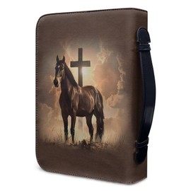 Talayituse Horse Cross Print Faux Leather Bible Cover for Men Women, Christian Zipper Bible Case with Handle Carrying Book Cover Study Bible Tote Bag, 2XL