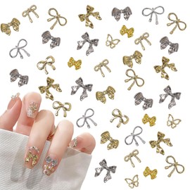 Bow Nail Charms, 100 Pcs 3D Bows Nail Charms Gold Silver Nail Gems Metal Bowknot Butterfly Nail Art Decorations Nail Jewels for Women Girls Nail Design DIY Crafts (Gold+Silver D)