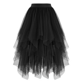 Ellames Women's Tulle Skirts High Low Layered Puffy Fairy Skirts Midi Length Irregular Tutu Skirt Black Small