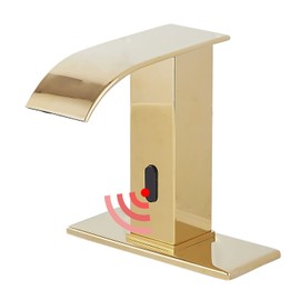 GGStudy Automatic Sensor Polished Gold Touchless Bathroom Sink Faucet with Hole Cover Plate Vanity Faucets Hands Free Waterfall Bathroom Water Tap with Control Box and Temperature Mixer
