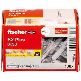 fischer Expansion dowels SX Plus 6 x 30, box of 100 nylon dowels, dowels for optimal hold for fixings in concrete, solid brick, aerated concrete, perforated bricks and much more.