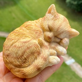 Basuo-9Q Mini Resin Cat Statue, Simulated Feline Figurine, Sleeping Kitten Sculpture for Home Decor (Orange)