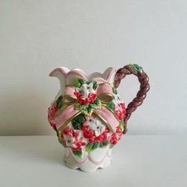 FORLONG Large Ceramic Water Pitcher Flower Vase, Hand-Painted Red Hydrangea and Bow Design Home Decor Bouquet Holder- 7H Inches