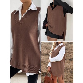 Zeagoo Sweater Vest Women Sleeveless V Neck Oversized Pullover Knitted Tops 2025 Fall Outfits Brown