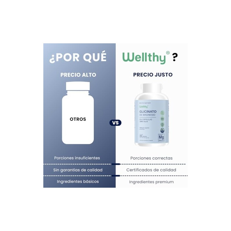 Wellthy Glicinato Magnesio 400 Cápsulas 432mg 100 Natural Puro Alta