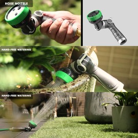 RESTMO 2-IN-1 Garden Hose Nozzle, Heavy Duty Metal Water Hose Nozzle with 4 Spray Patterns, Magic Twist and Thumb Flow Control, Ideal for Watering Plants & Lawns, Washing Cars & Pets, Green