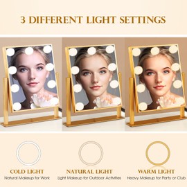 BWLLNI Vanity Mirror with Lights, Hollywood Mirror Lighted Makeup Mirror with 9 LED Bulbs, Touch Control Design 3 Colors Dimmable Bulbs Detachable 10X Magnification 360°Rotation(Gold)