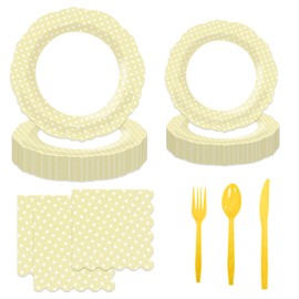 168Pcs Yellow Dot Party Supplies for 24 Guests – 9” & 7” Dotted Paper Plates, Cutlery, Napkins – Disposable Dinnerware Set for Wedding, Baby Shower, Birthday
