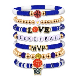 YAHPERN 7 Pack Basketball Bracelets for Women Stackable Heishi Beaded Friendship Bracelets Game Day Basketball Outfits Accessories Party Favors Gifts (Blue White)