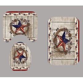 Camille&Andrew 4PCS/Set Vintage USA Flag Western Texas Star Shower Curtain, Primitive Rustic Country Farmhouse Beige Wood Board Patriotic Bathroom Decor, Non-slip Bath Rugs Toilet Carpet, Berry Wreath