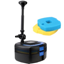 1370GPH Pond Filter Pump with 2 sets of Filter Sponges, Koi Pond Filter System Kits, All-in-One Fountain Pump with Light and 2 Spray Patterns up to 1585 Gallons