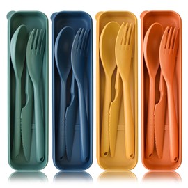 Juego de utensilios reutilizables grandes con estuche, 4 juegos de cubiertos de viaje con pajita de trigo, juego de cubiertos de viaje, cuchara portátil, tenedor, caja de almuerzo para adultos