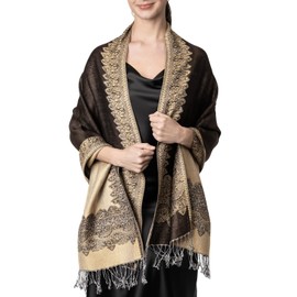 Achillea Elegant Reversible Paisley Border Pattern Pashmina Shawl Wrap Scarf (Dark Chocolate)