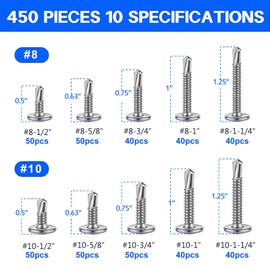 450PCS Self Tapping Screws for Metal, 410 Stainless Steel Self Drilling Screws #8#10 Truss Head Sheet Metal Screws Assortment Kits, Length 1/2"" to 1-1/4'' (Silver)