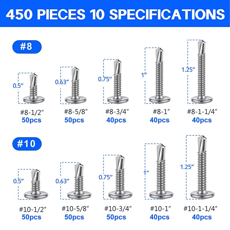 450PCS Self Tapping Screws for Metal, 410 Stainless Steel Self