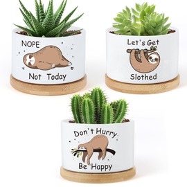 KONROOWEI 3 Pcs Sloth Ceramic Plant Pots,Funny Planter Gifts for Women,for Indoor Plants Garden Planters Succulent Pots, with Drainage Holes and Saucer(No Plants) (Sloth)