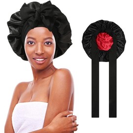 AWAYTR Satin Bonnet Silk Like Bonnets for Sleeping Sleep Cap Double Layer Haircare Bonnet with Elastic Tie Band for Curly Hair Night Cap Pink:_Black