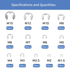 VooGenzek 390 PCS Stainless Steel E-Clip Set, Retaining Snap Opening Ring Circlip Kit, External Retaining Ring, 13 Sizes M1.5/2/2.5/3/4/5/6/7/8/9/10/12/15 with Plastic Box