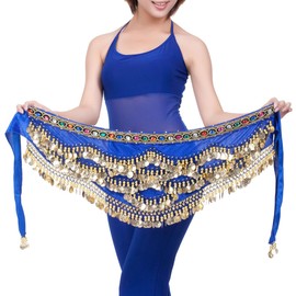 Baisdan Women's Belly Dance Hip Scarf, Belly Dance Skirt Wrap Coins and Colorful Rhinestone Belly Dance Costume Navy Blue